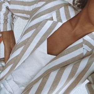 Tan and white striped double breasted blazer